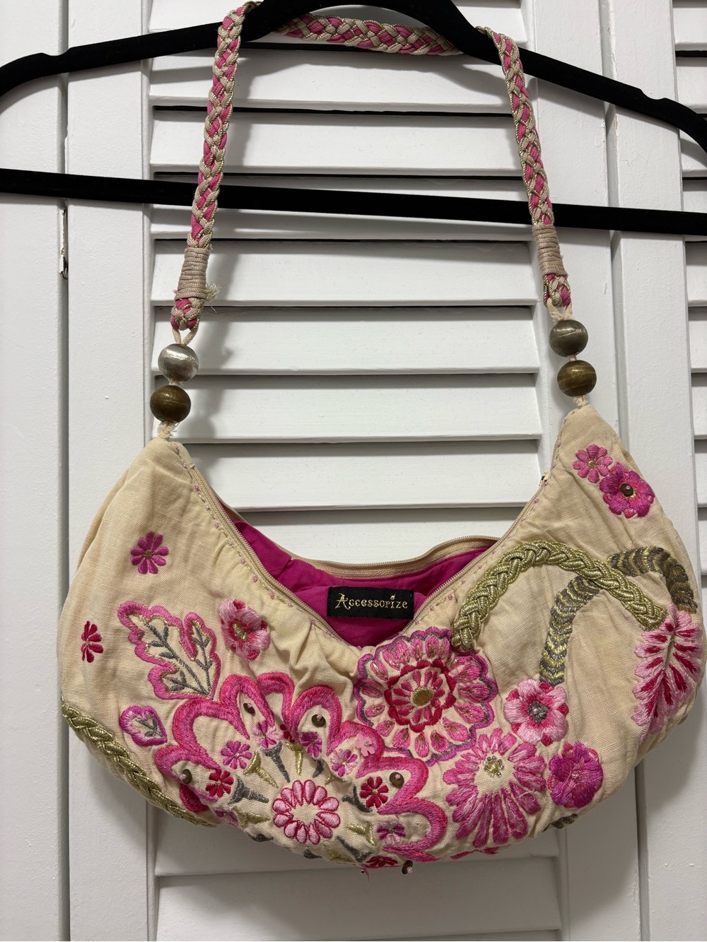 Accessorize Pink & Cream Floral Embroidered Shoulder Bag